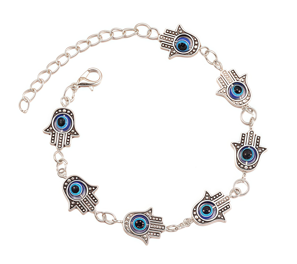 Celestial Guardian Energy Bracelet with Evil Eye and Hamsa symbols on sterling silver