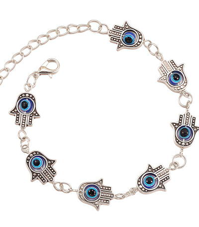 Celestial Guardian Energy Bracelet with Evil Eye and Hamsa symbols on sterling silver