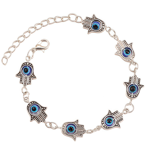 Celestial Guardian Energy Bracelet with Evil Eye and Hamsa symbols on sterling silver