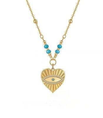 Cosmic Love Turquoise Peach Heart Evil Eye Necklace on white background
