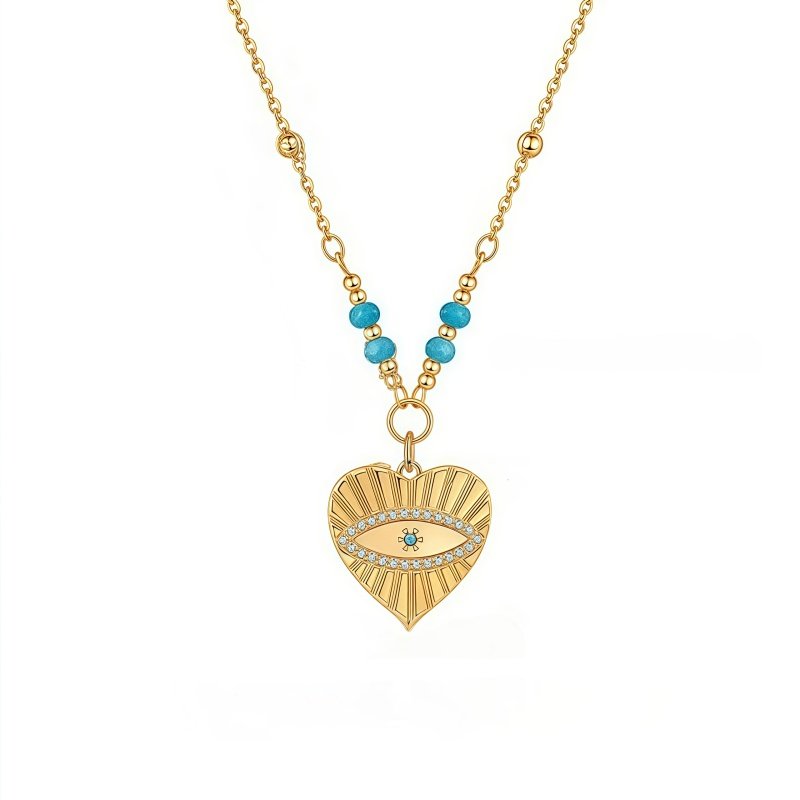 Cosmic Love Turquoise Peach Heart Evil Eye Necklace on white background