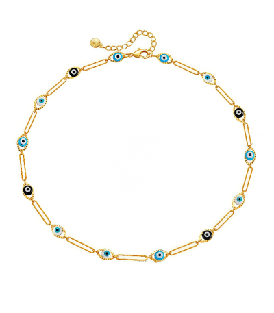 Gold evil eye necklace with cosmic energy charm on white background