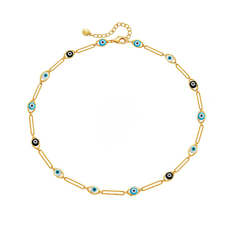 Gold evil eye necklace with cosmic energy charm on white background