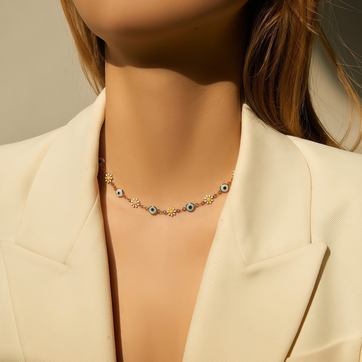 Model wearing Celestial Evil Eye Necklace with layered cosmic jewelry