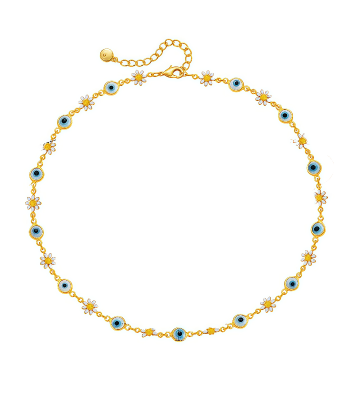 Celestial Evil Eye Necklace with daisy and blue eye on white background