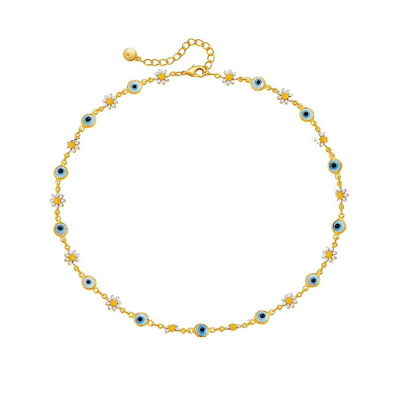 Celestial Evil Eye Necklace with daisy and blue eye on white background
