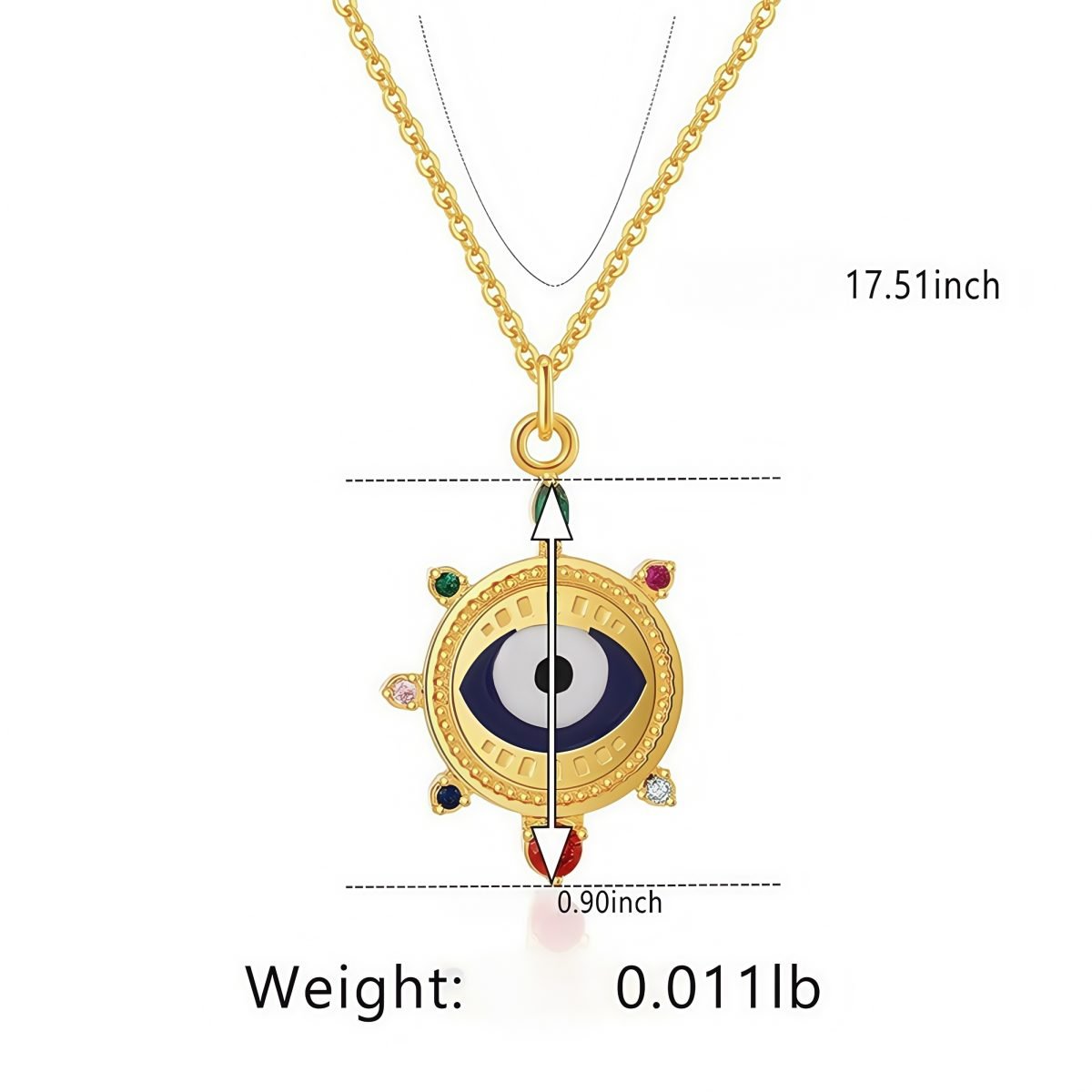 Evil Eye Necklace size reference chart showing chain length and charm dimensions for accurate fitting