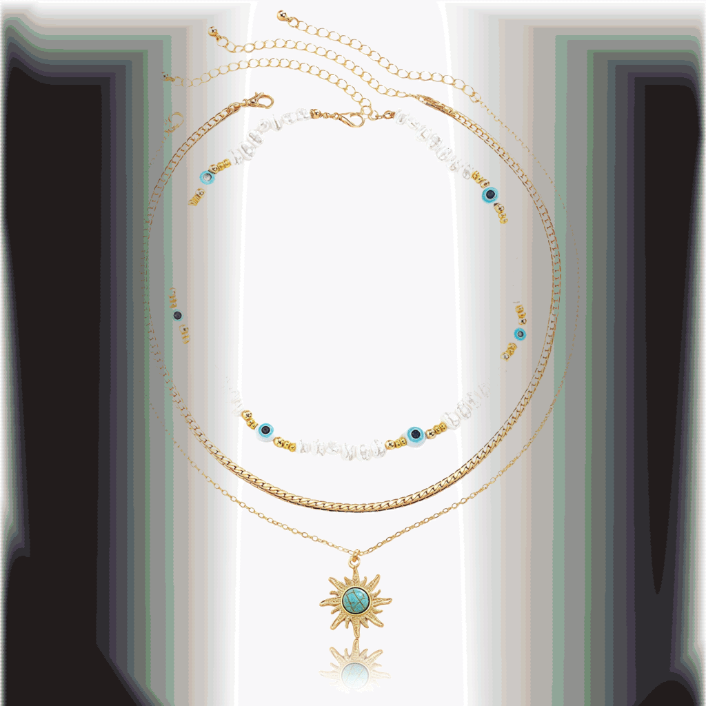 Cosmic Energy pearl and sun trio necklace set on display – layered celestial jewelry