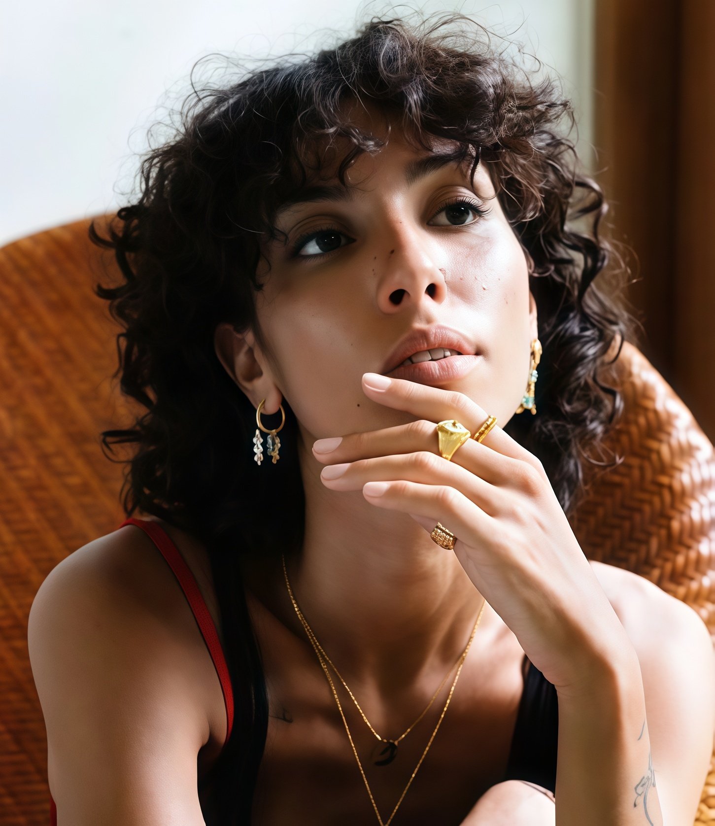 Model wearing cosmic-inspired jewelry featuring protective evil eye and celestial energy