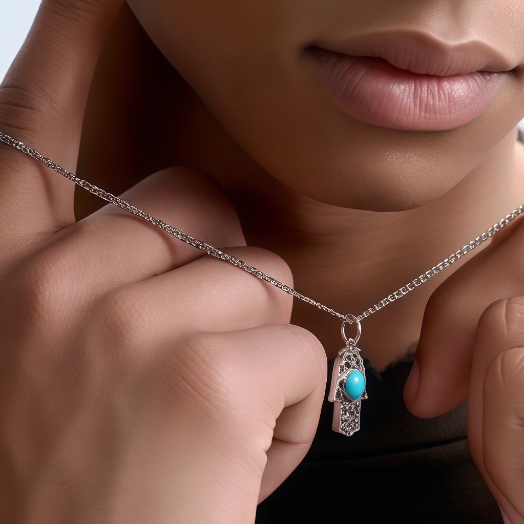 Model wearing Cosmic Energy Hamsa Necklace – celestial protection jewelry