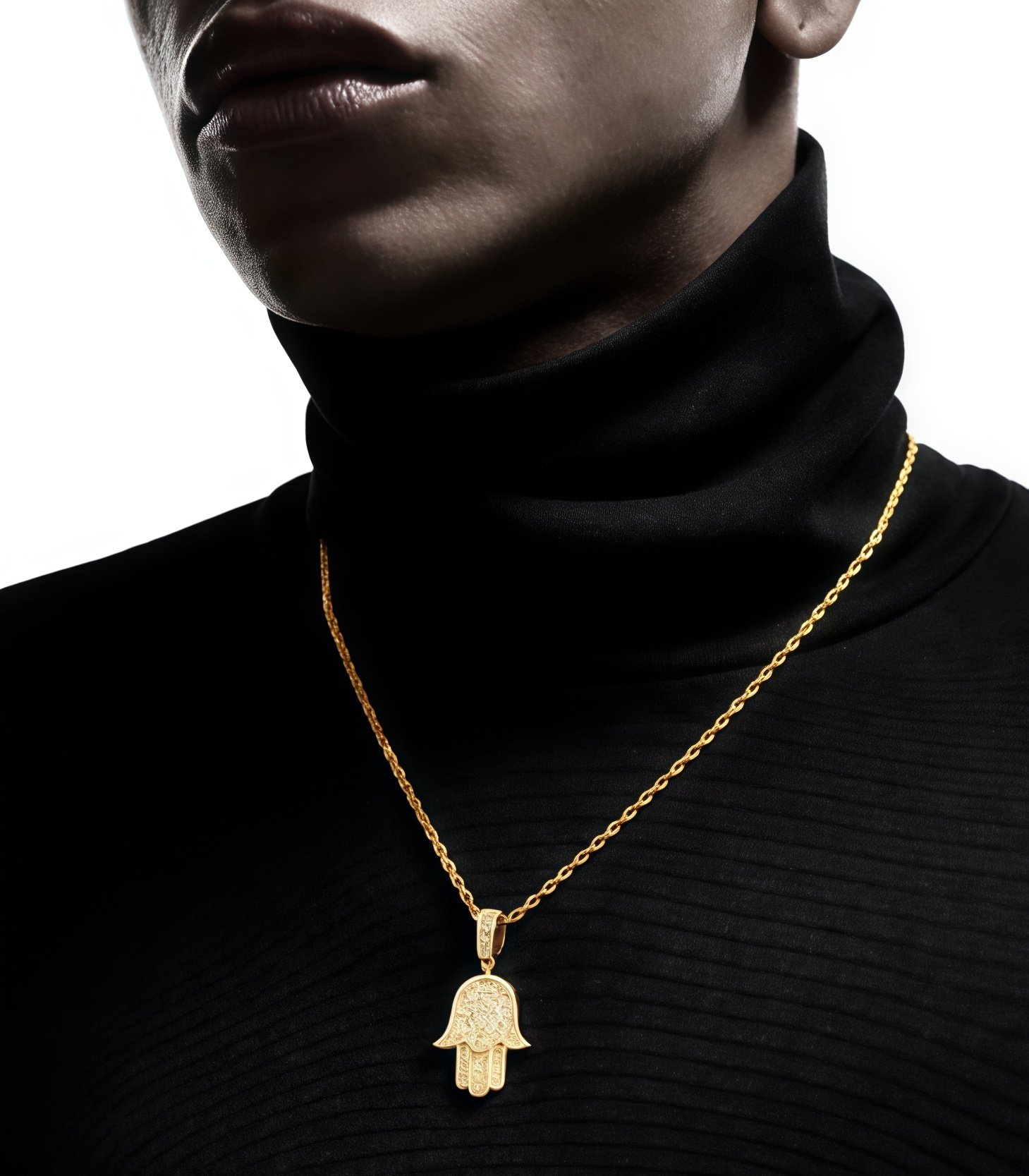 Model wearing the Cosmic Touch Hamsa Necklace – Spiritual and elegant look