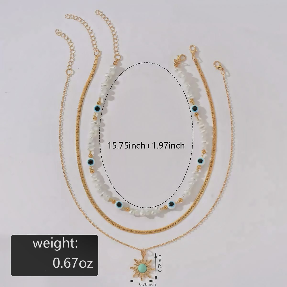 Size diagram of Cosmic Energy pearl and sun necklace set with measurement labels