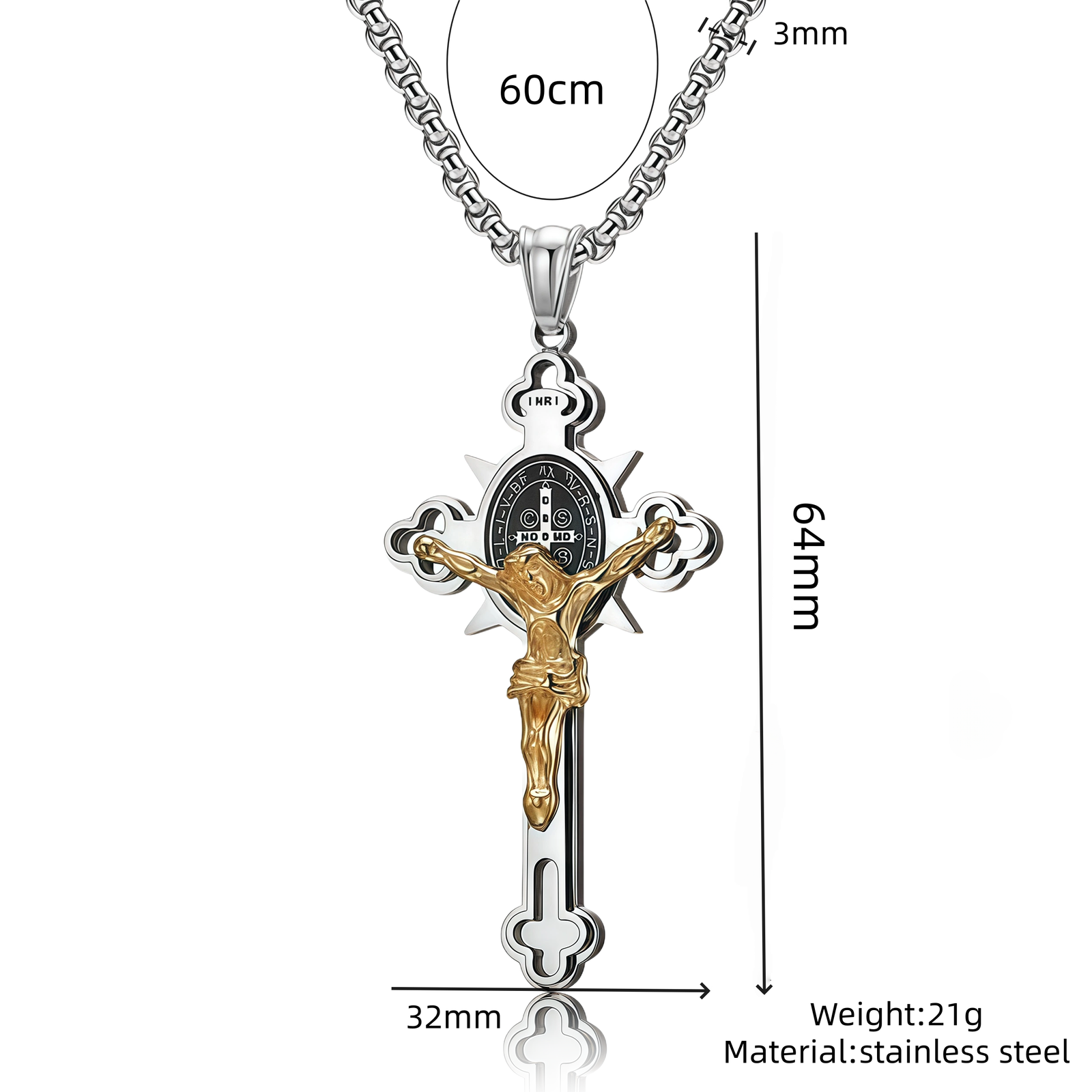 Benedict Protection Cross Power Pendant Necklace-Size Chart