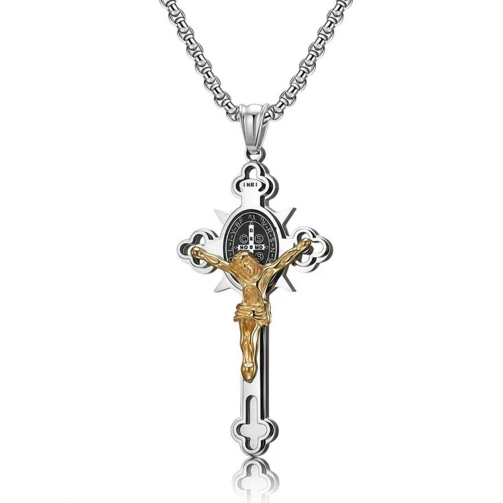 Benedict Protection Cross Power Pendant Necklace-in whire background