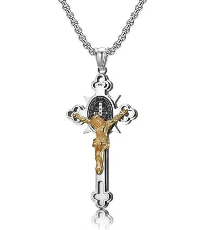 Benedict Protection Cross Power Pendant Necklace-in whire background