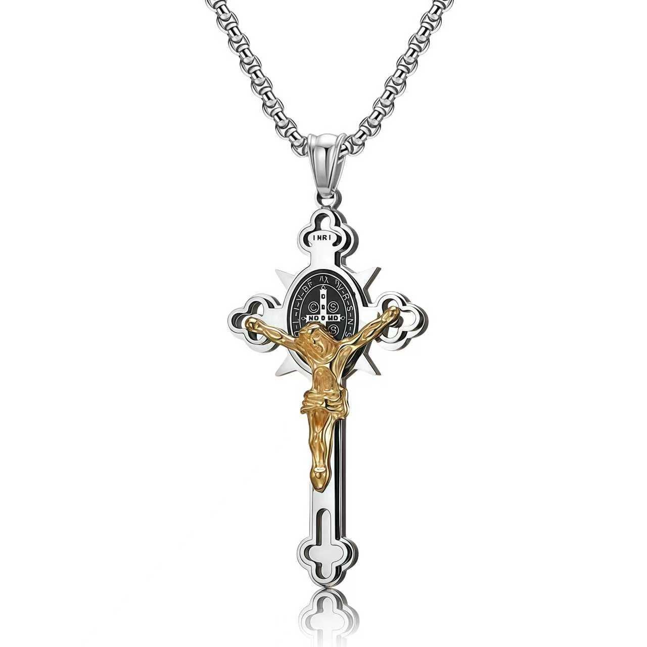 Benedict Protection Cross Power Pendant Necklace-glod&silver Benedict Protection Cross Power Pendant Necklace-in whire background