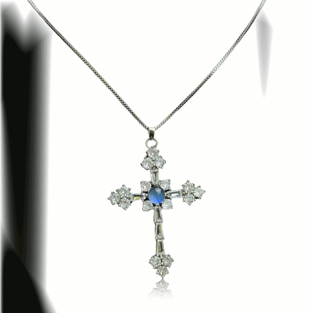 Cosmic Energy Butterfly Cross Necklace for men and women, titanium blue morpho crystal jewelry
