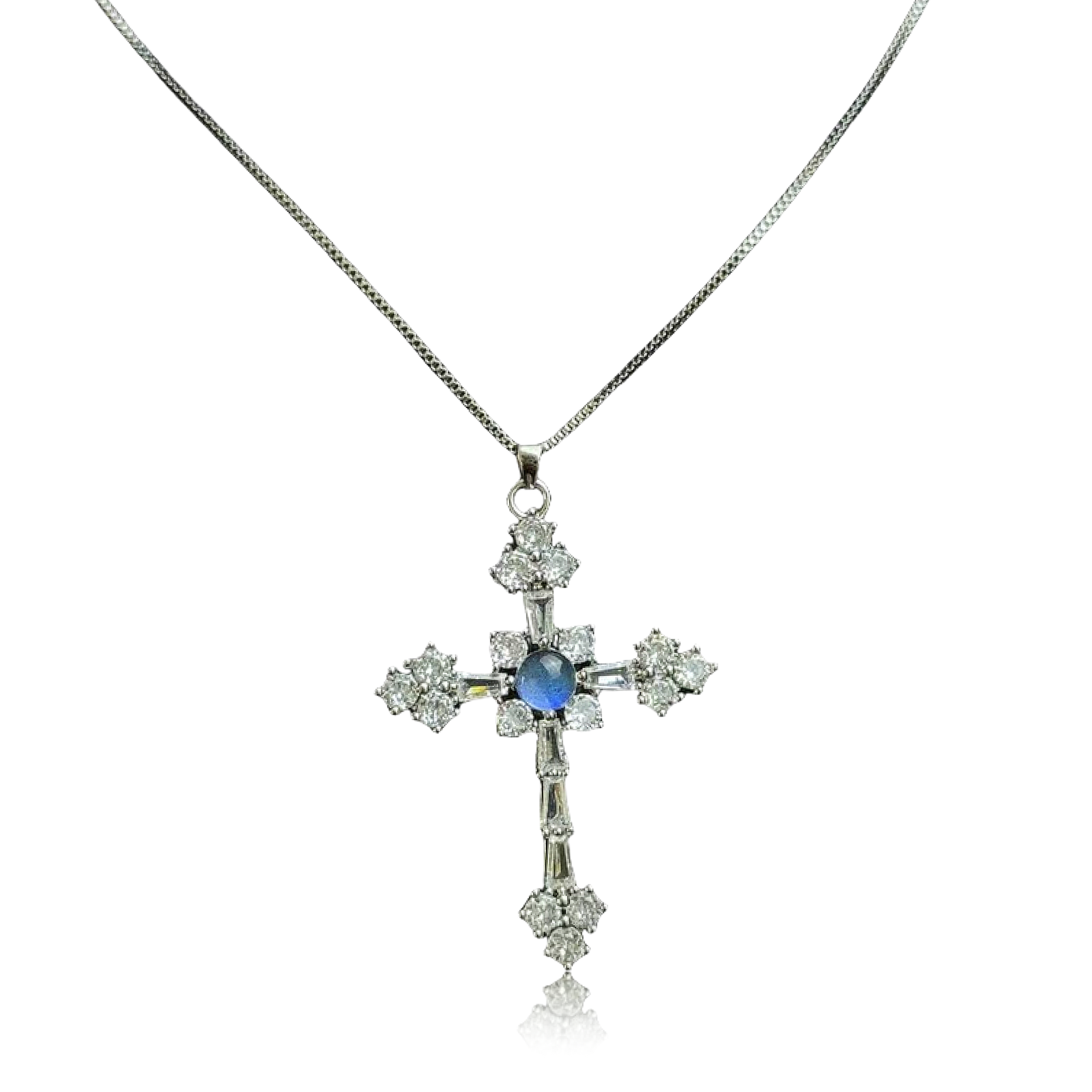 Cosmic Energy Blue Morpho Cross Necklace – Main View Cosmic Energy Butterfly Cross Necklace for men and women, titanium blue morpho crystal jewelry