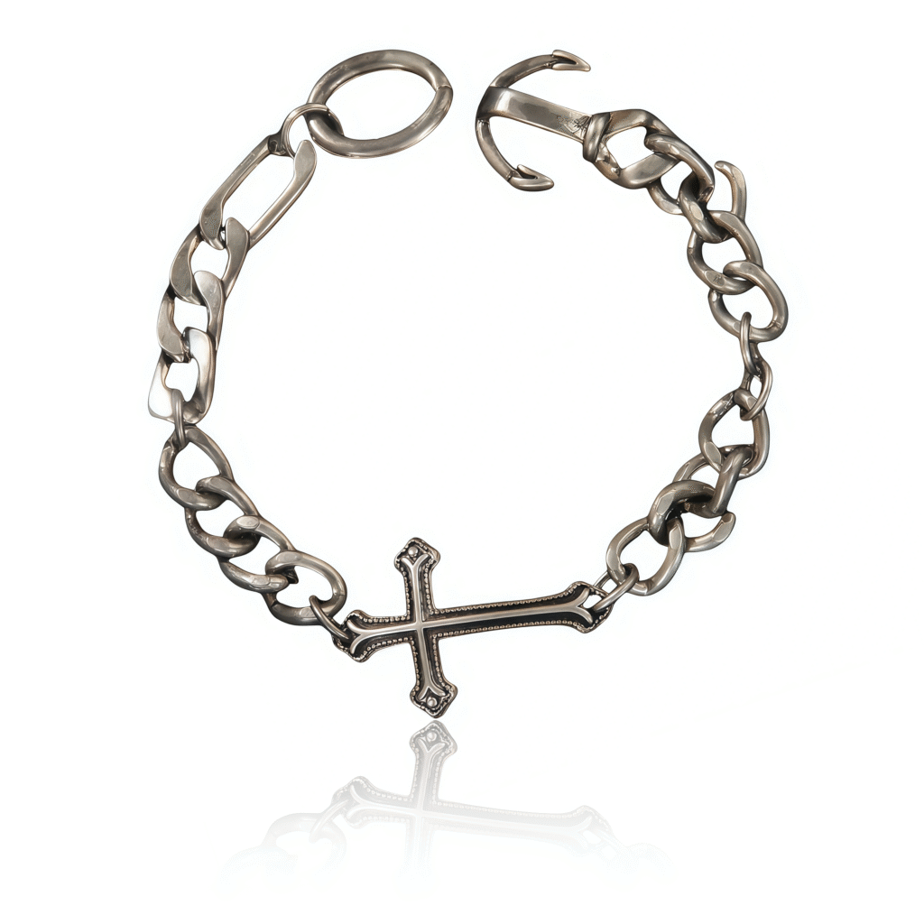 Silver chain bracelet with a cross charm and anchor clasp, symbolizing faith, strength, and stability