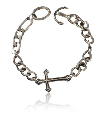 Silver chain bracelet with a cross charm and anchor clasp, symbolizing faith, strength, and stability
