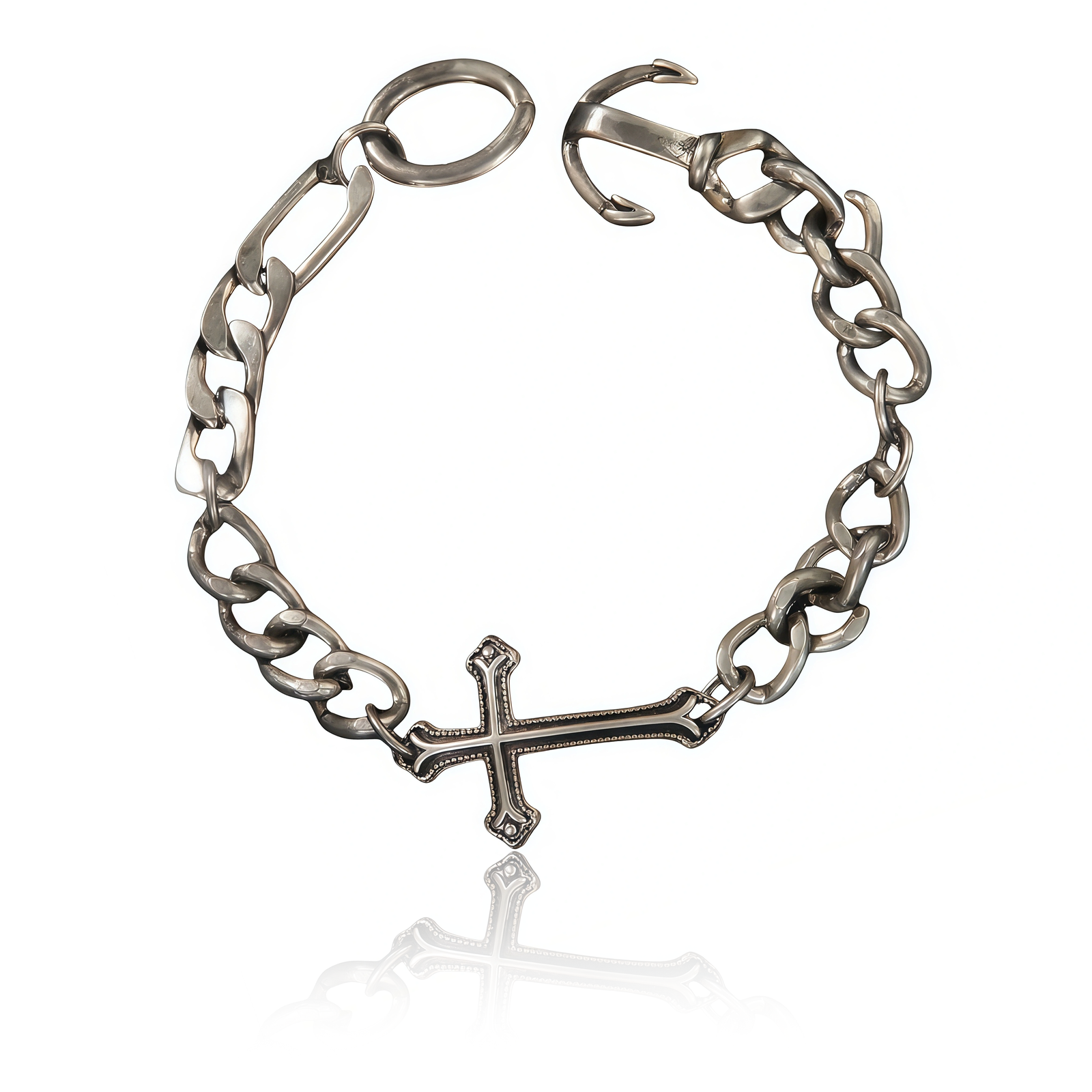 Faith Anchor – Cross Chain Bracelet-main view Silver chain bracelet with a cross charm and anchor clasp, symbolizing faith, strength, and stability