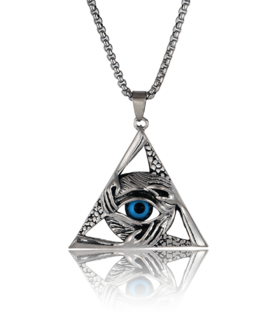 triangular Evil Eye pendant necklace, symbol of strength, balance, and cosmic protection