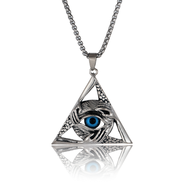 triangular Evil Eye pendant necklace, symbol of strength, balance, and cosmic protection