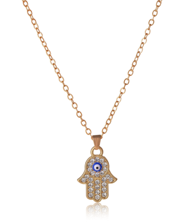 Gold-plated Hamsa necklace with blue evil eye and sparkling zirconia for protection and balance