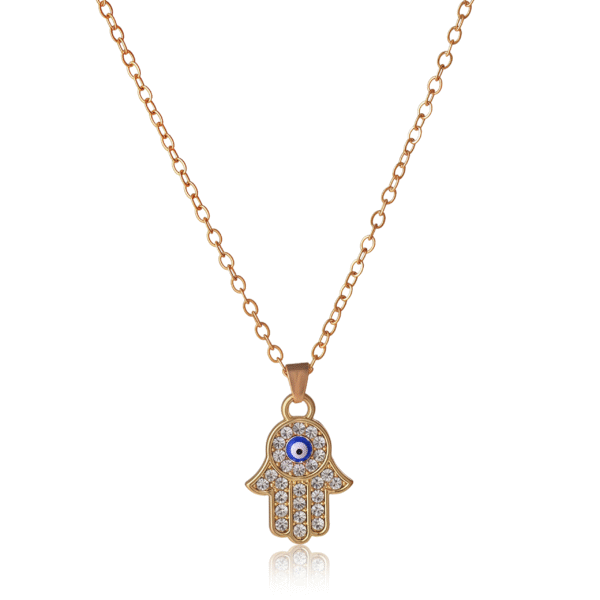 Gold-plated Hamsa necklace with blue evil eye and sparkling zirconia for protection and balance