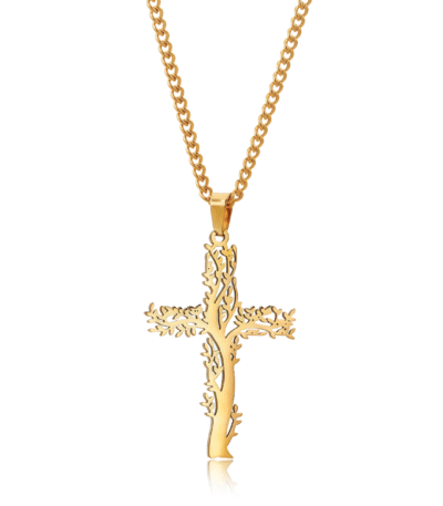 Gold cross pendant shaped with tree branches, symbolizing faith, growth, and spiritual protection