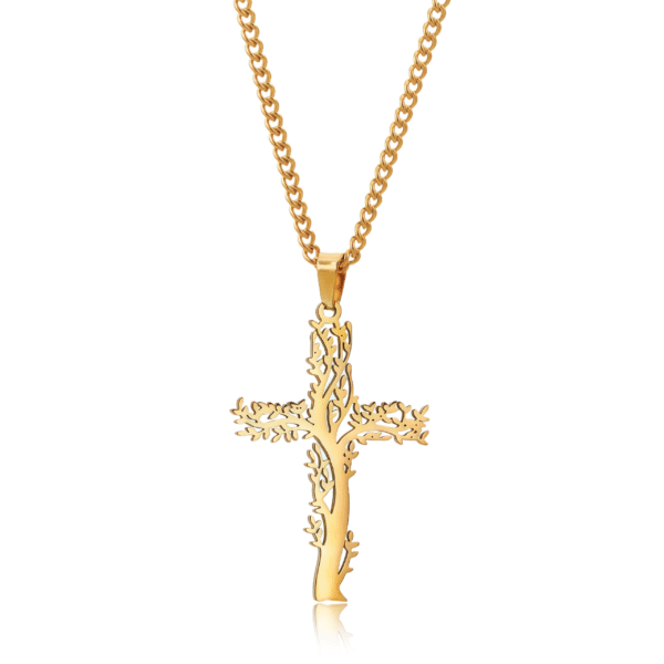 Gold cross pendant shaped with tree branches, symbolizing faith, growth, and spiritual protection
