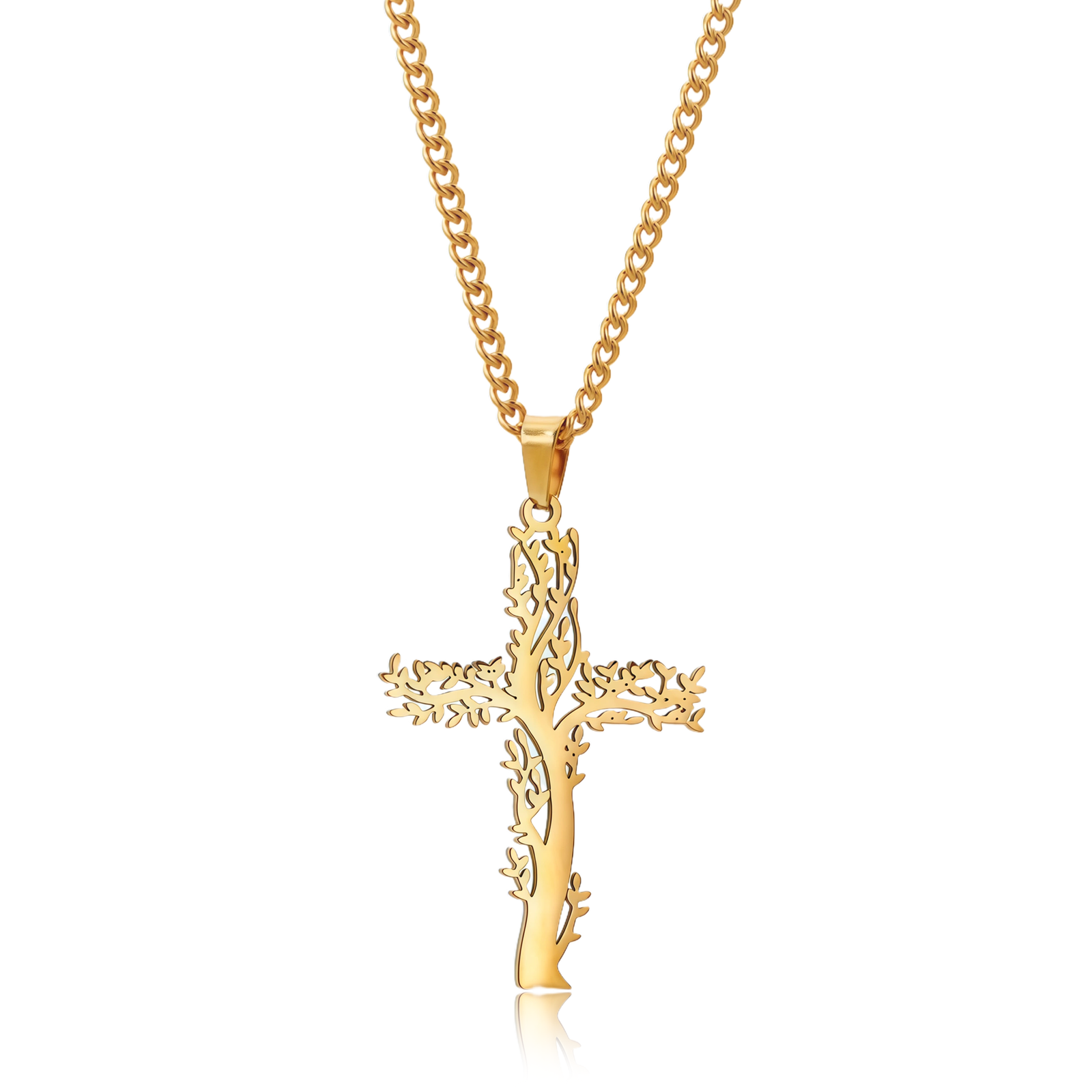 Cosmic Life Cross Pendant – Tree of Faith Guardian-glod Gold cross pendant shaped with tree branches, symbolizing faith, growth, and spiritual protection