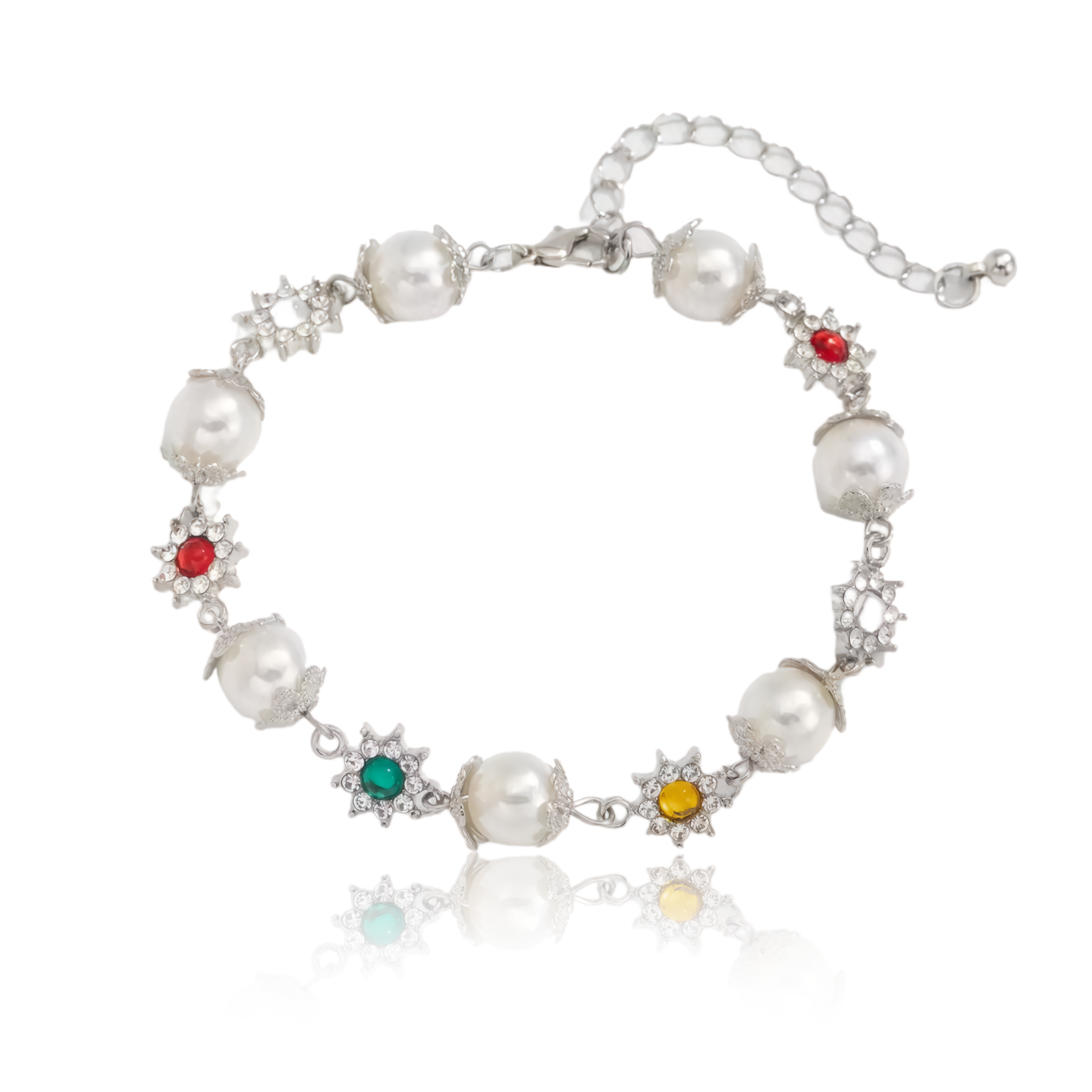 Cosmic Pearl Bracelet – Rainbow Flower Charms-main view Silver bracelet with luminous pearls and colorful flower charms in red, green, and yellow, symbolizing elegance and positivity.