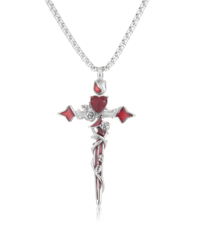 Silver cross pendant with red heart crystal and vine rose details, symbolizing love and protection