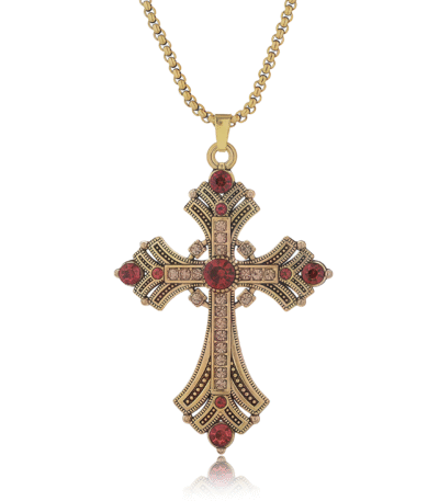 Golden cross pendant with red gemstone accents, symbolizing faith, passion, and spiritual protection