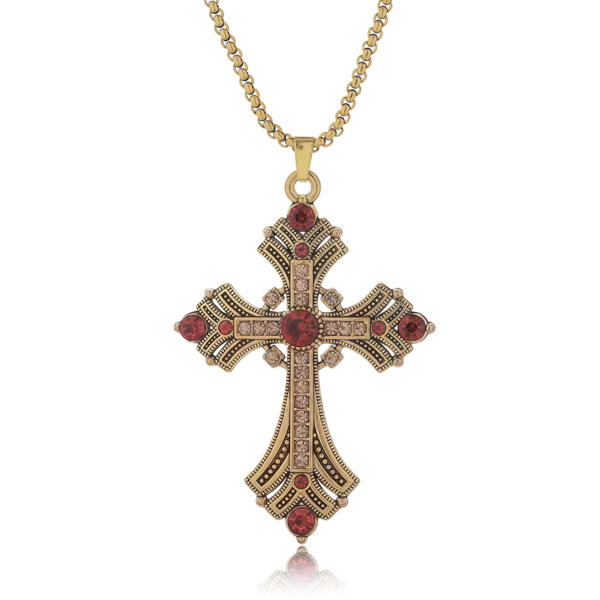 Golden cross pendant with red gemstone accents, symbolizing faith, passion, and spiritual protection