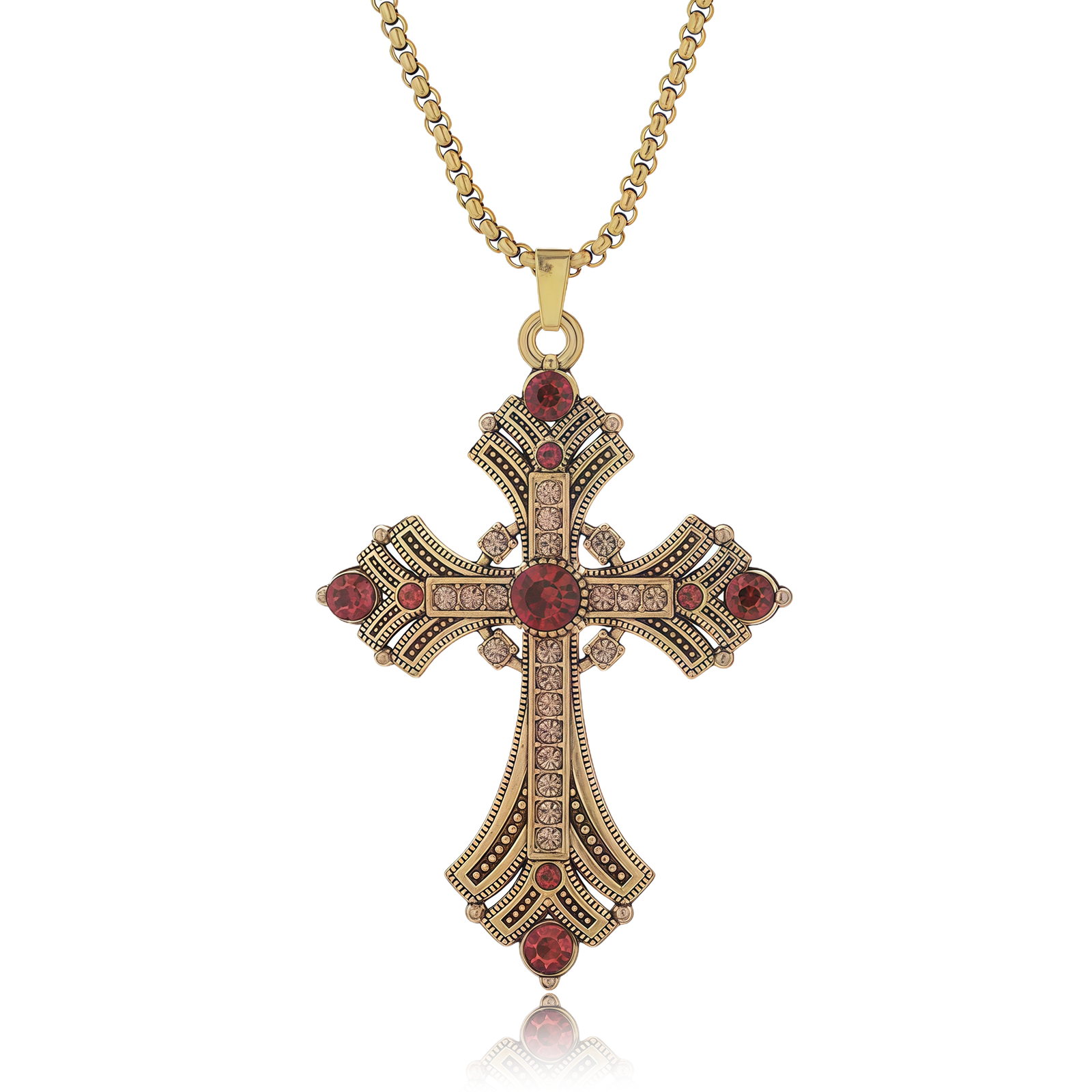 Cosmic Radiance Cross Pendant – Vintage Red Gem Guardian-main view Golden cross pendant with red gemstone accents, symbolizing faith, passion, and spiritual protection