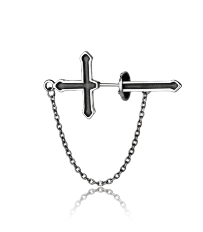 Black gothic cross chain earring with dual cross studs linked by a chain, symbolizing faith and strength.