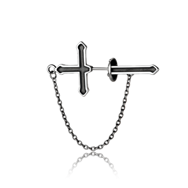 Black gothic cross chain earring with dual cross studs linked by a chain, symbolizing faith and strength.
