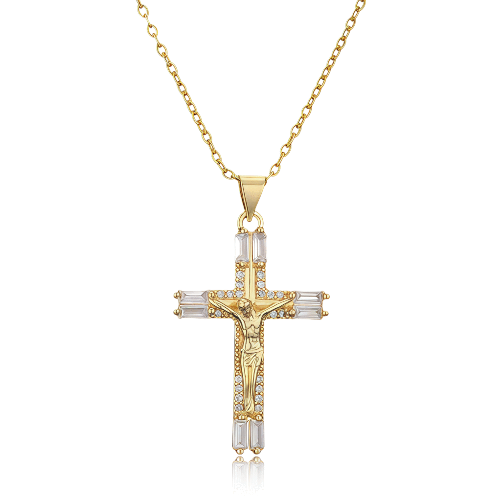 Gold crucifix cross pendant necklace with crystal accents, symbolizing faith, devotion, and hope