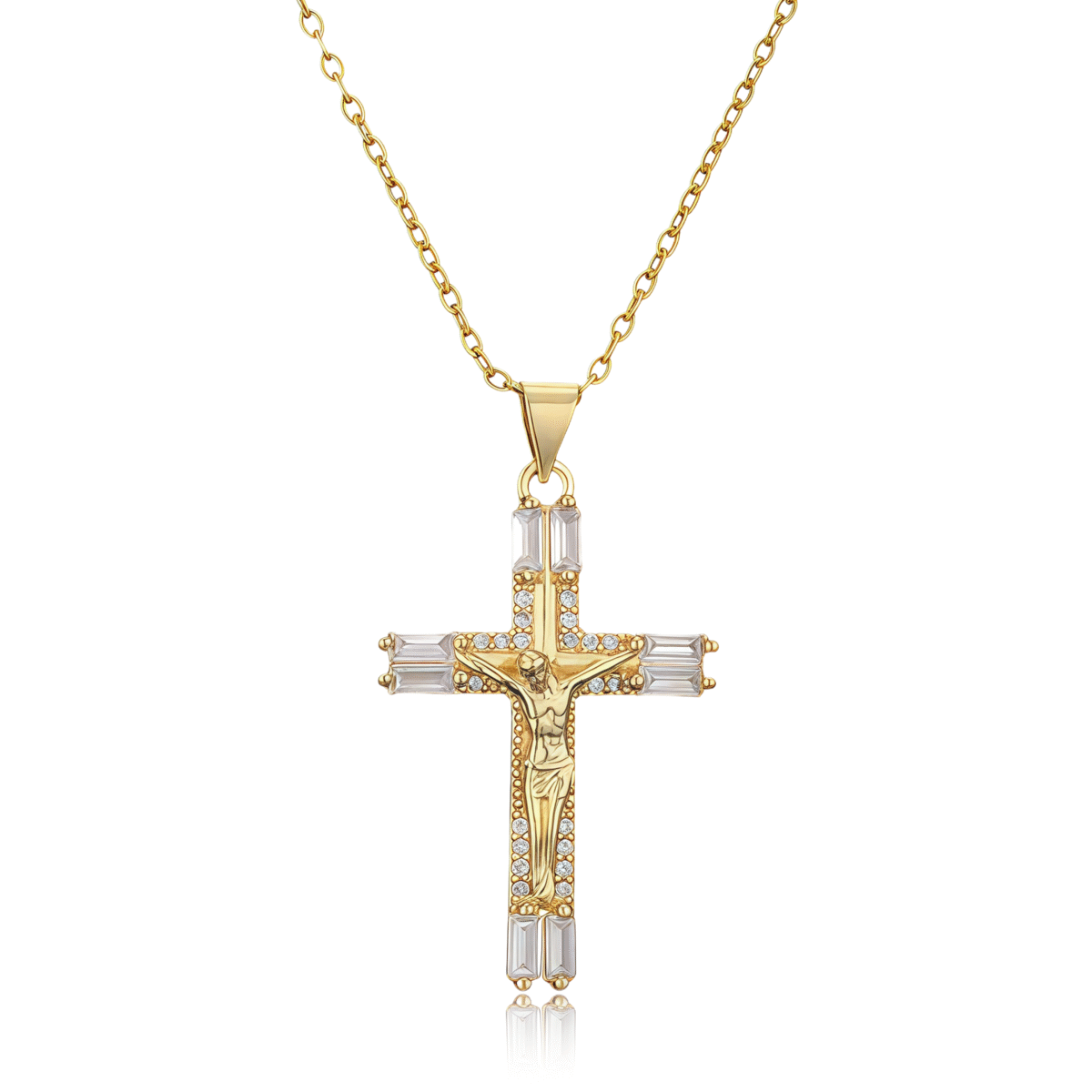 Gold crucifix cross pendant necklace with crystal accents, symbolizing faith, devotion, and hope