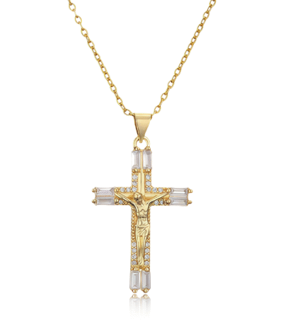 Gold crucifix cross pendant necklace with crystal accents, symbolizing faith, devotion, and hope