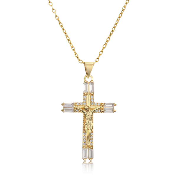 Gold crucifix cross pendant necklace with crystal accents, symbolizing faith, devotion, and hope