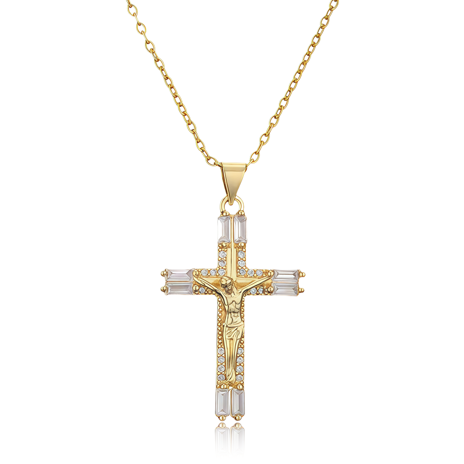 Divine Light – Jesus Cross Pendant Necklace-main view Gold crucifix cross pendant necklace with crystal accents, symbolizing faith, devotion, and hope