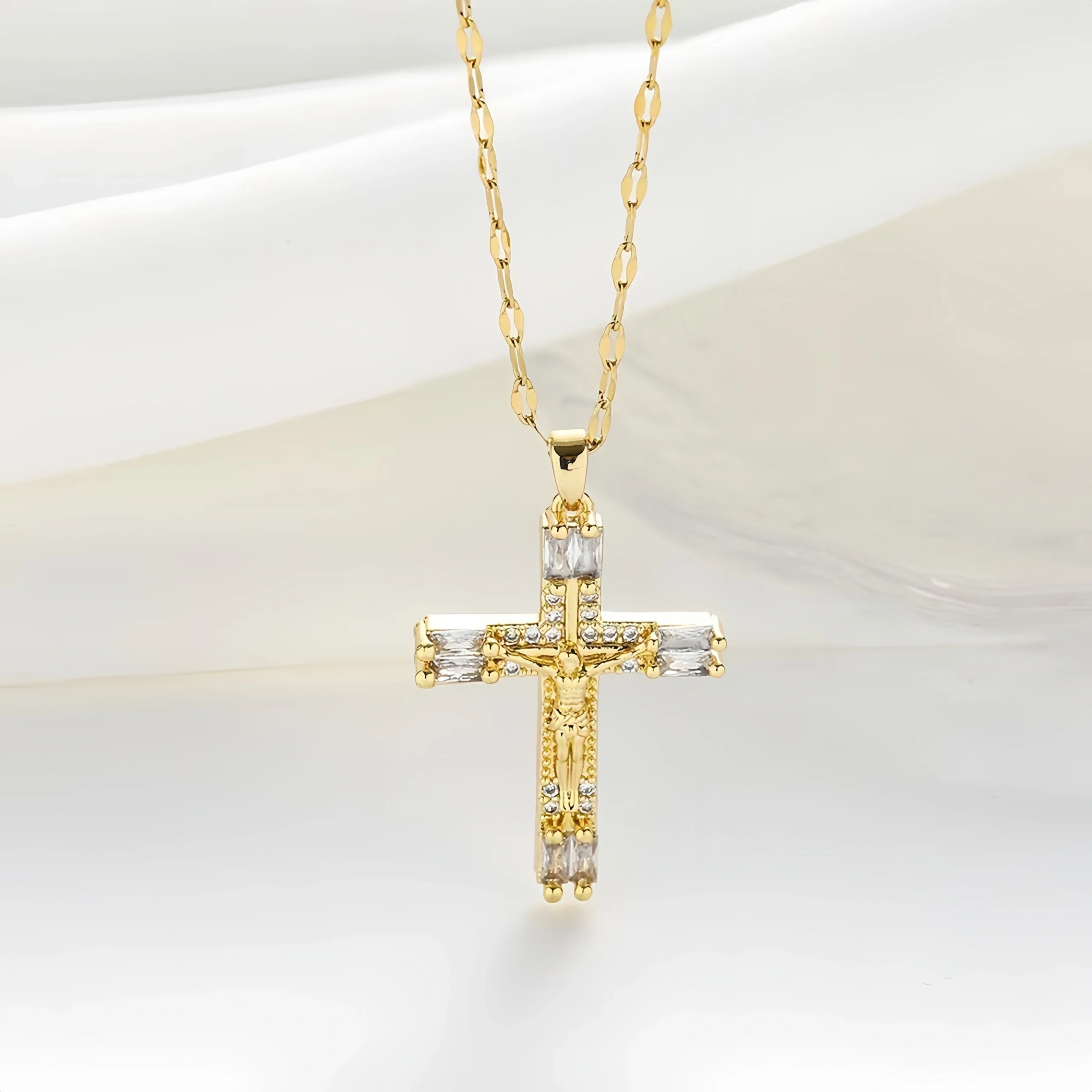 Divine Light – Jesus Cross Pendant Necklace-show view Divine Light – Jesus Cross Pendant Necklace hanging in midair