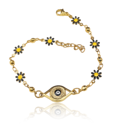 Gold-plated bracelet with Evil Eye charm and daisy flowers, symbol of protection and positivity