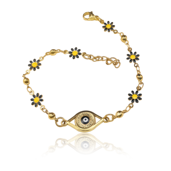 Gold-plated bracelet with Evil Eye charm and daisy flowers, symbol of protection and positivity