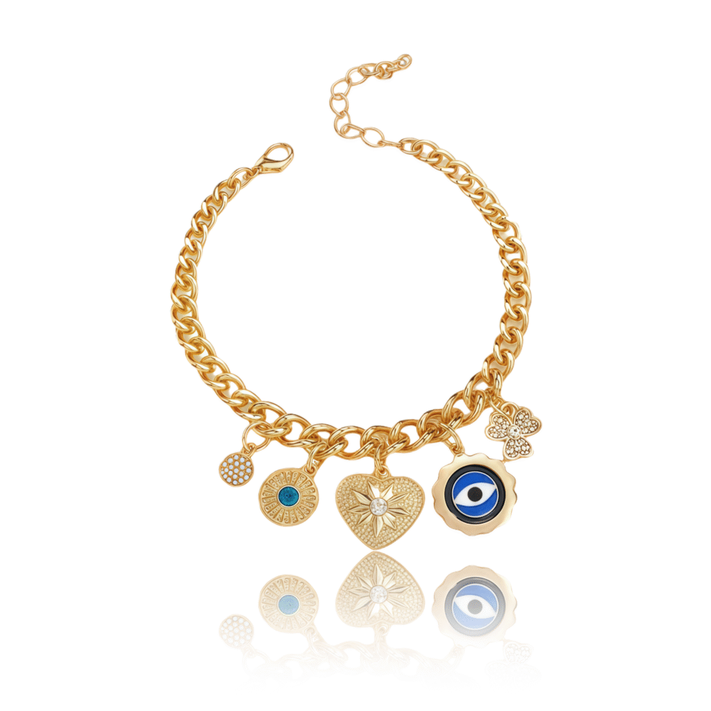 evil eye heart bracelet with golden charms and floral detail