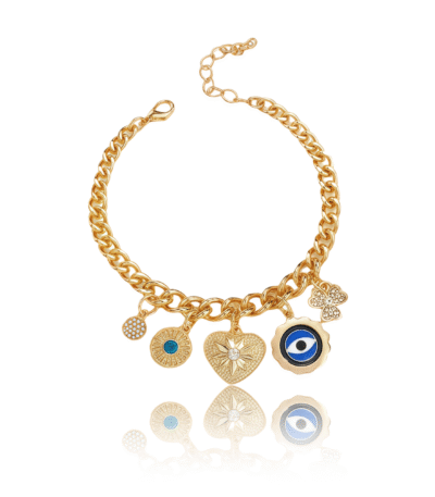 evil eye heart bracelet with golden charms and floral detail