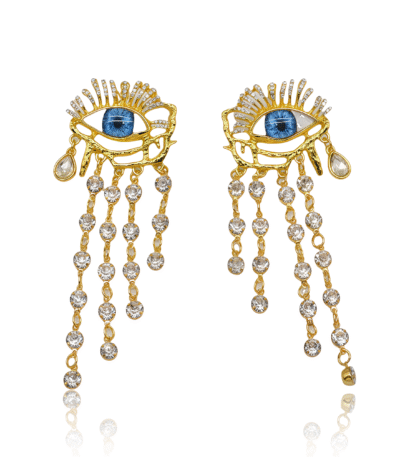 Gold Evil Eye earrings with blue eye, teardrop charm, and cascading crystal chains, symbolizing protection and healing.